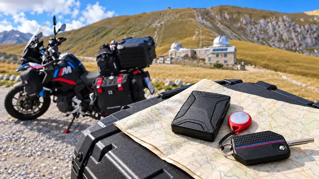Antifurto GPS moto senza abbonamento Trackting SMART V3 e tag su una mappa da viaggio, con BMW F800GS sullo sfondo